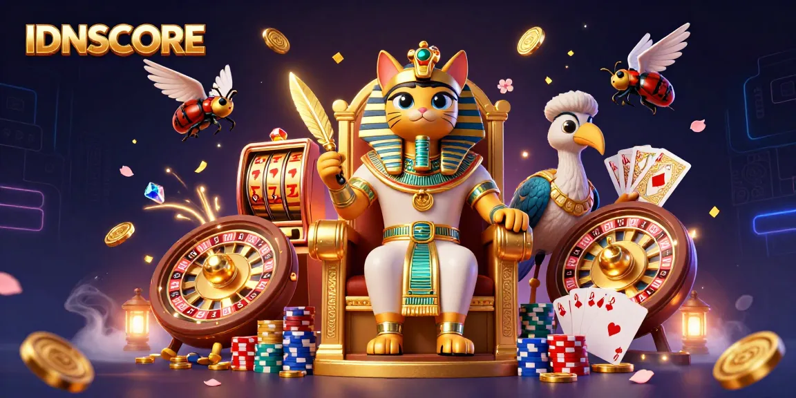 Spin the reels at IDNSCORE with vibrant slots and winning pharaohs in a dynamic gaming illustration.