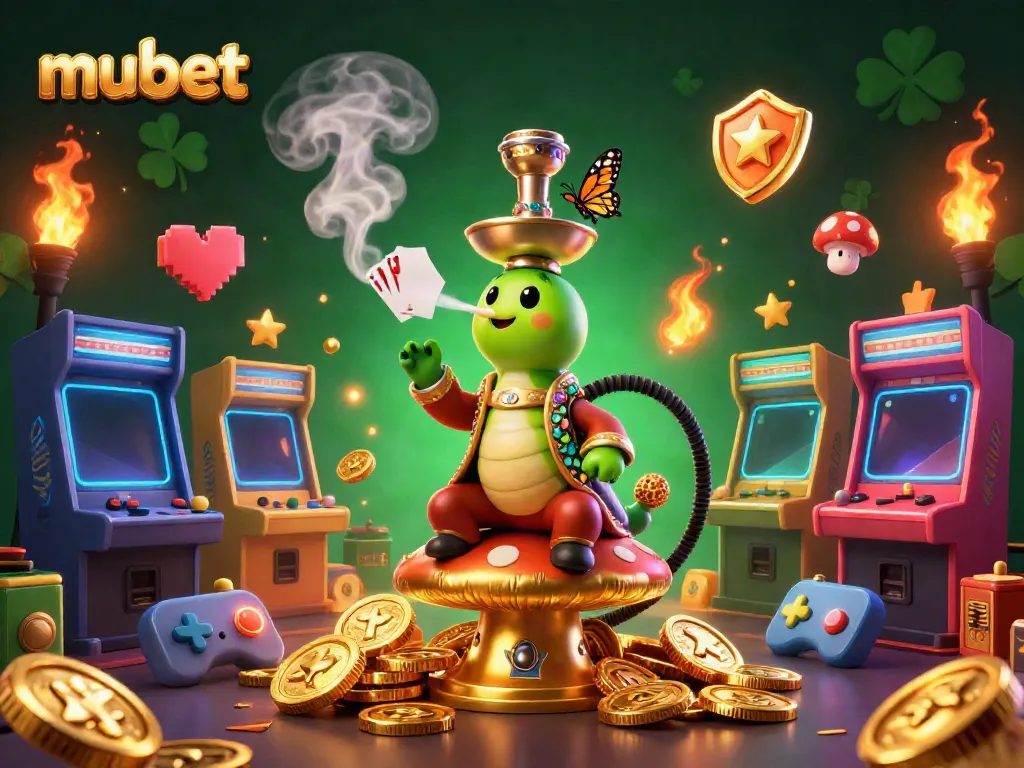 Play to win at mubet with a magical 3D scene featuring a sultan caterpillar surrounded by casino elements.