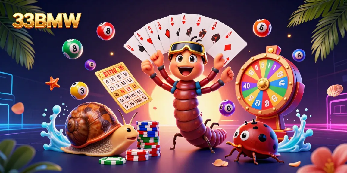 Experience the excitement of 33BMW with lively characters amidst vibrant gaming elements in a dynamic casino scene.