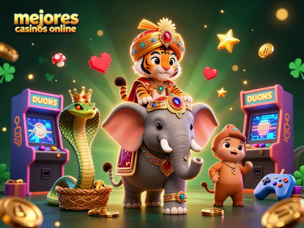 Explora los mejores casinos online con un tigre maharaja y su elefante en un entorno de juego vibrante.