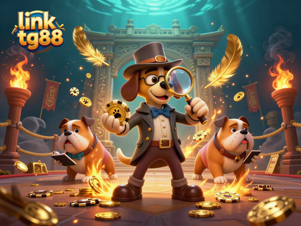 Engage with thrilling games at link tg88 while a detective and bulldog uncovering golden poker clues.