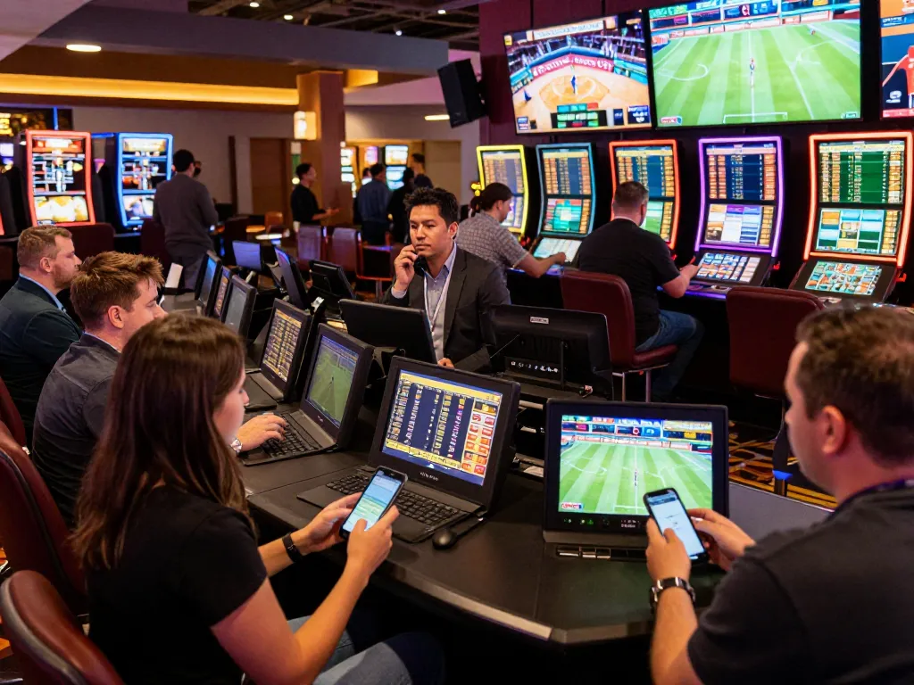 keonhacai patrons energetically placing bets while reviewing live sports odds in a bustling casino
