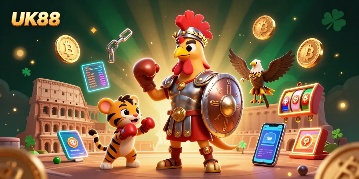 Engage with UK88's gladiator theme, featuring a rooster in armor and gambling elements.