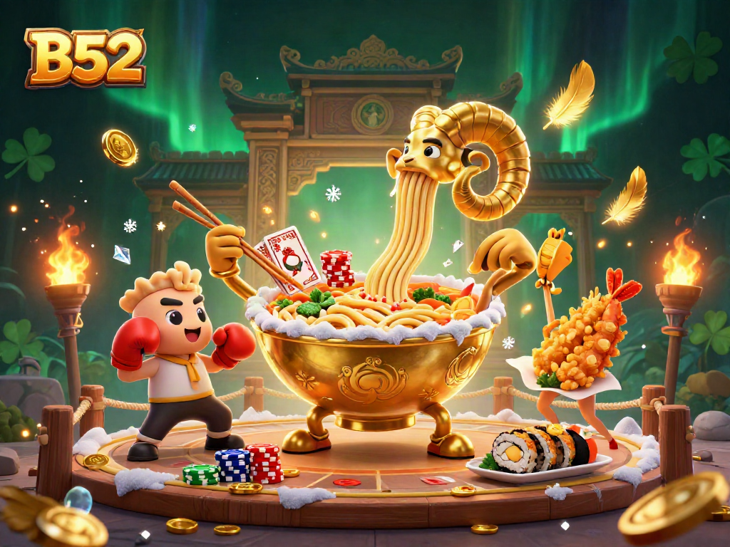 B52 casino scene featuring a giant golden ramen bowl dealer amidst chips and floating coins, lively and dynamic.