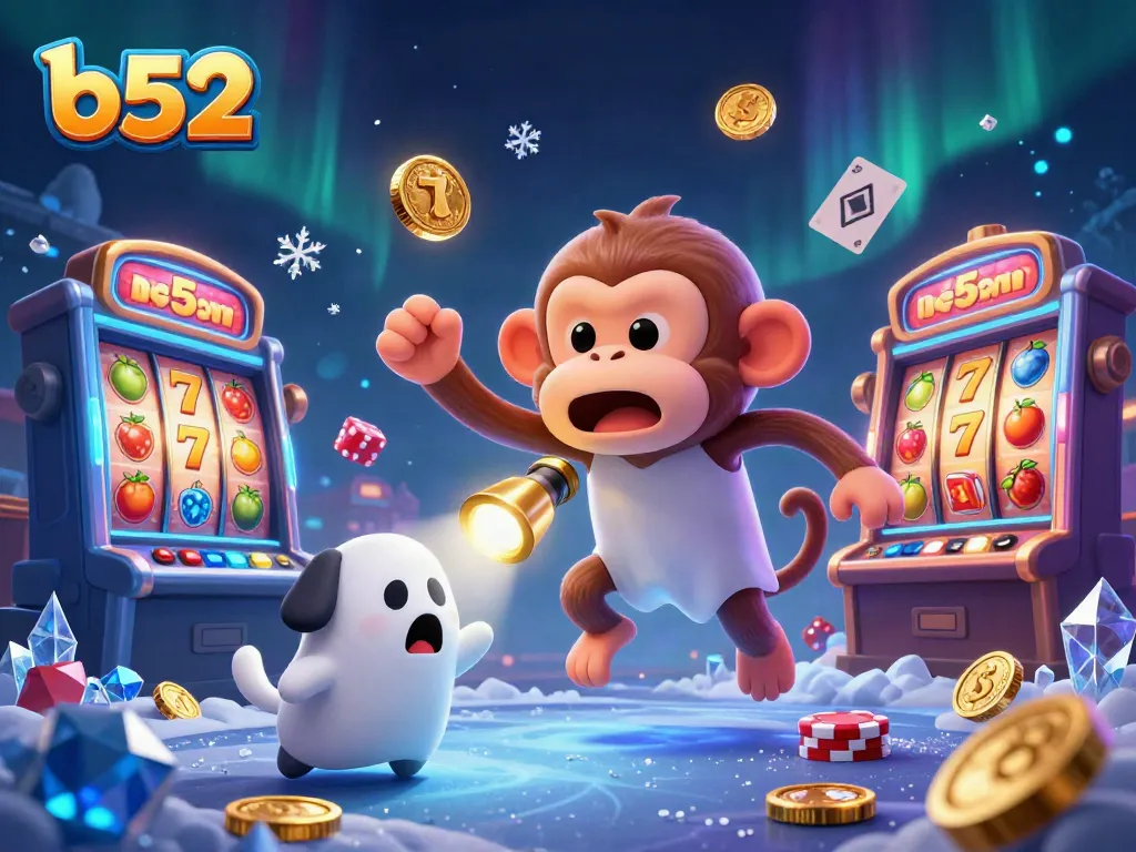 Engage with the b52 casino scene featuring a playful poltergeist monkey and curious puppy amidst casino elements.