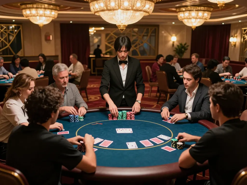 Players engaged in a high-stakes poker game at a luxury casino, showcasing the thrill of rokok 88 gameplay.