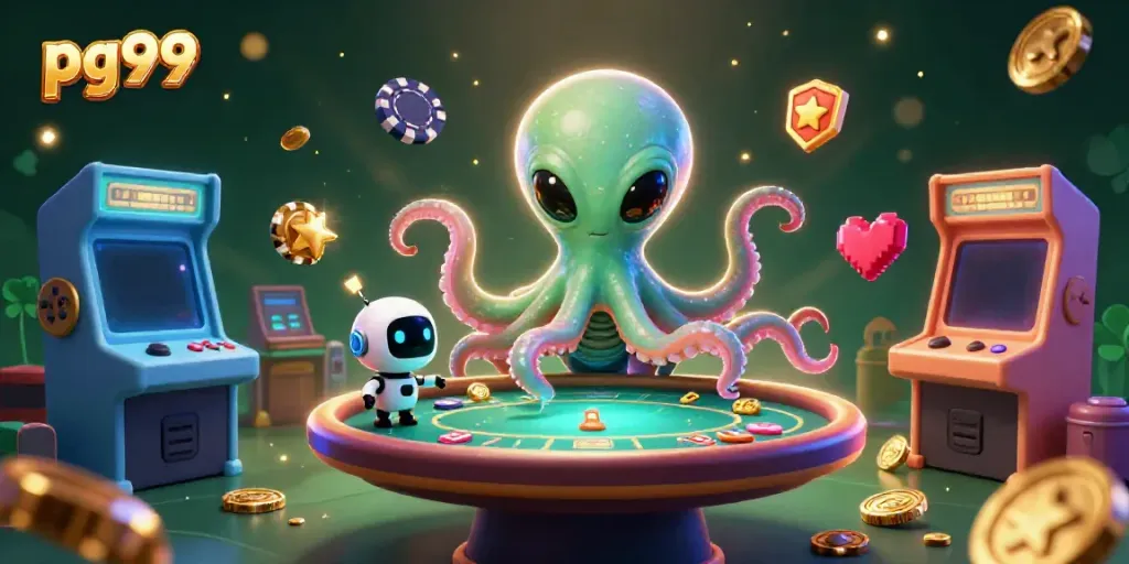 Engaging pg99 casino scene featuring an alien octopus and robot at a poker table with gaming machines
