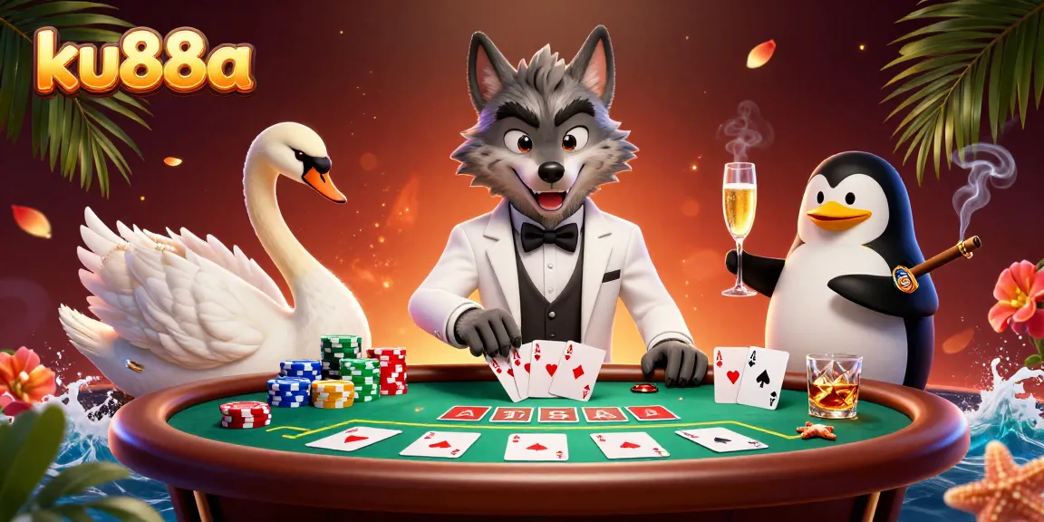 Experience the excitement of ku88a with a debonair wolf, elegant swan, and sophisticated penguin dealing cards.
