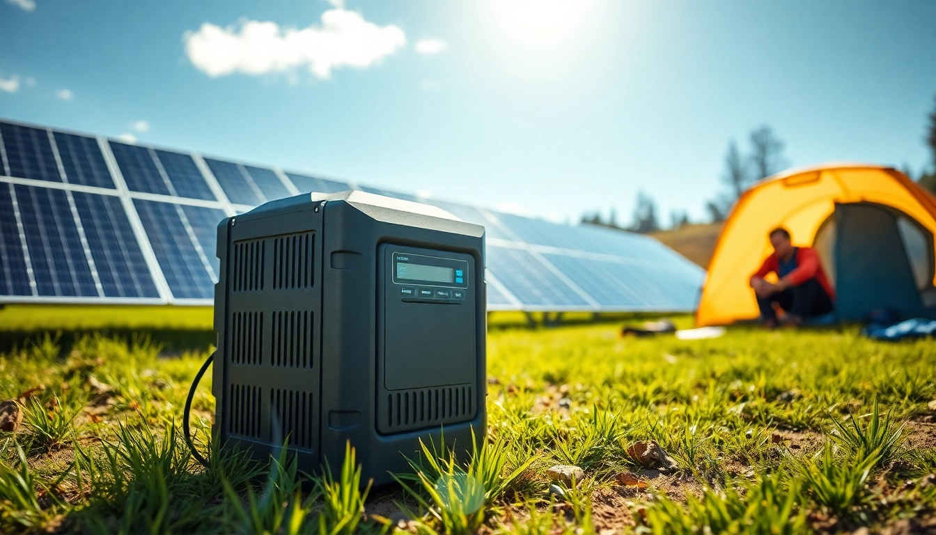Showcasing EcoFlow power station in an outdoor setting with solar panels, promoting sustainable energy.