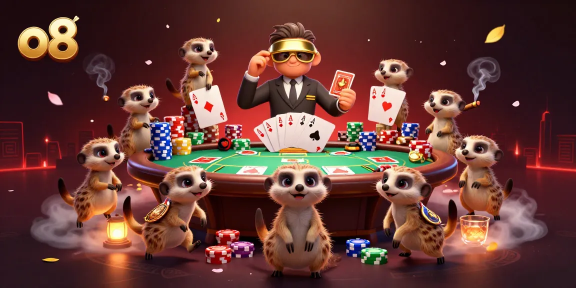 O8 showcases a colony of meerkats running a vibrant casino with card games and chips.