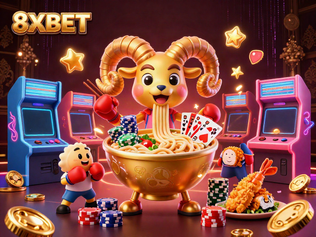 8XBET welcomes players with a vibrant scene of a golden ramen bowl dealer and cheerful sushi roll companions in a dynamic casino atmosphere.