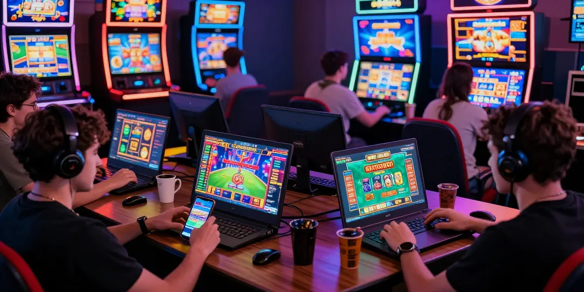 Exciting gaming scene showcasing players immersed in 79club games on various devices, reflecting vibrant online gambling.