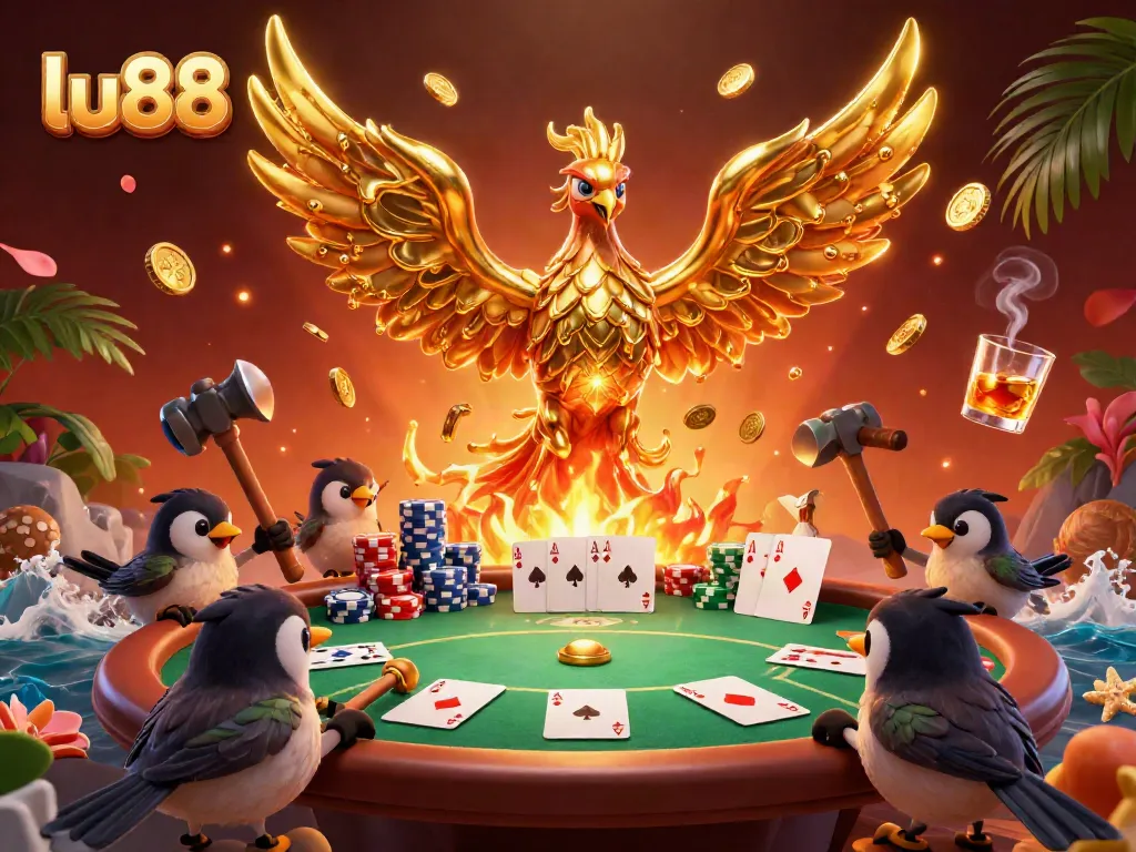 The golden phoenix of lu88 brings fortune and high-stakes excitement, surrounded by poker riches and dynamic gameplay.