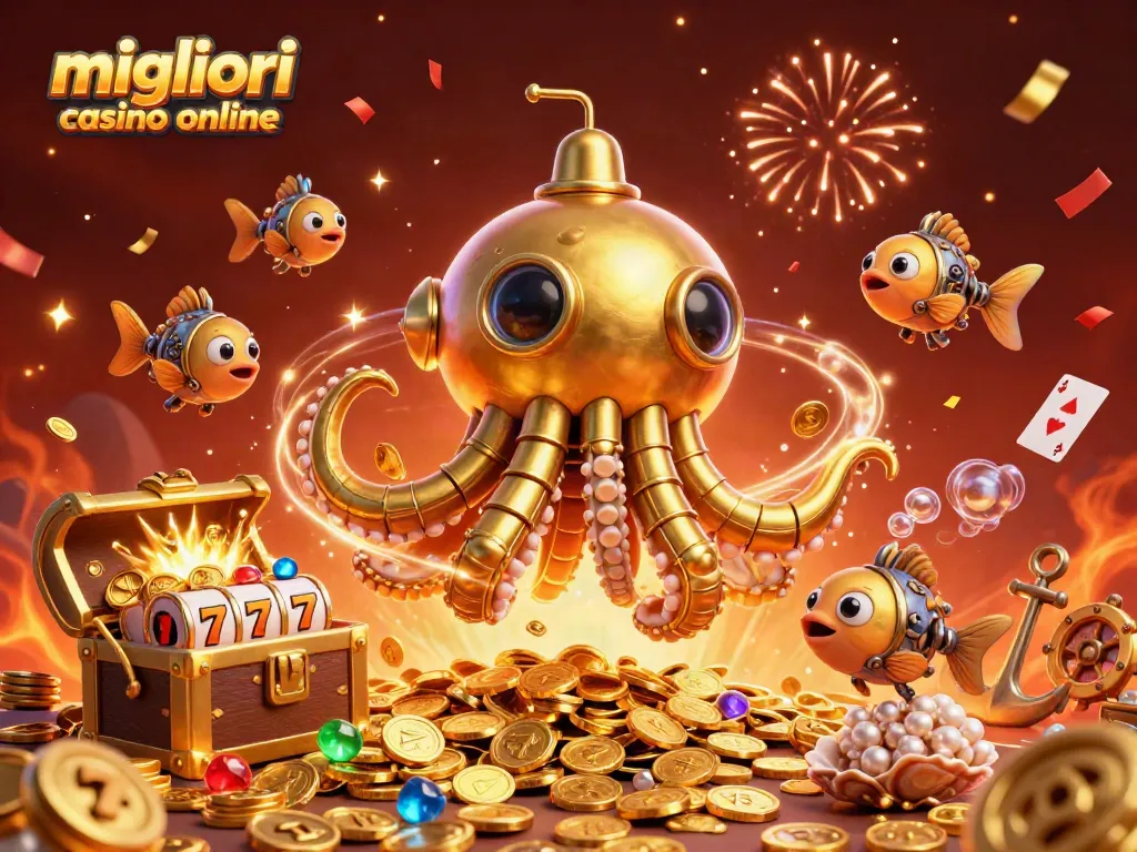 Scopri i migliori casino online attraverso un'illustrazione spettacolare di un kraken d'oro.
