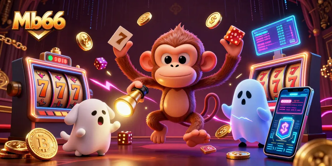 Experience thrilling moments at Mb66 with a playful poltergeist monkey and a curious puppy in a vibrant casino.
