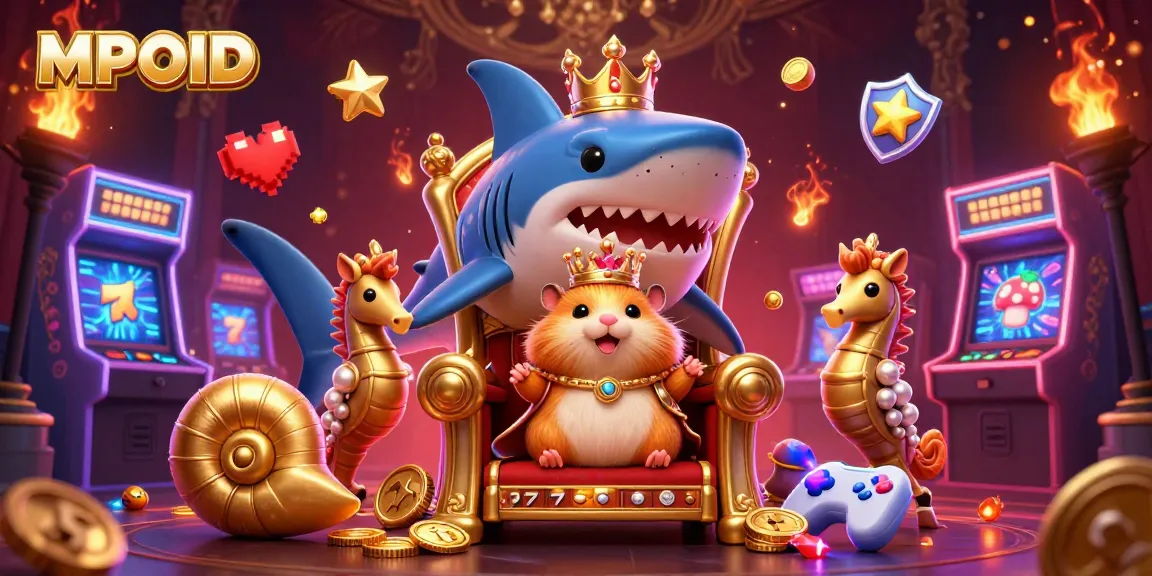 Engage with MPOID's vibrant slot gaming scene featuring a golden hamster king and dazzling retro arcade elements.