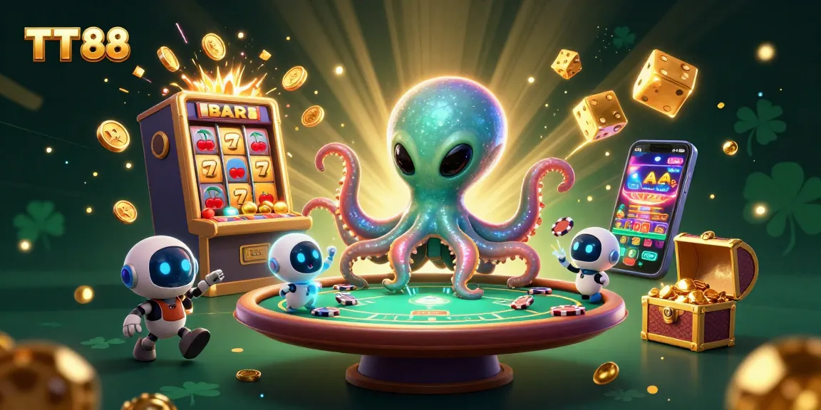 TT 88 alien octopus playing poker amidst floating casino elements and jackpot explosion