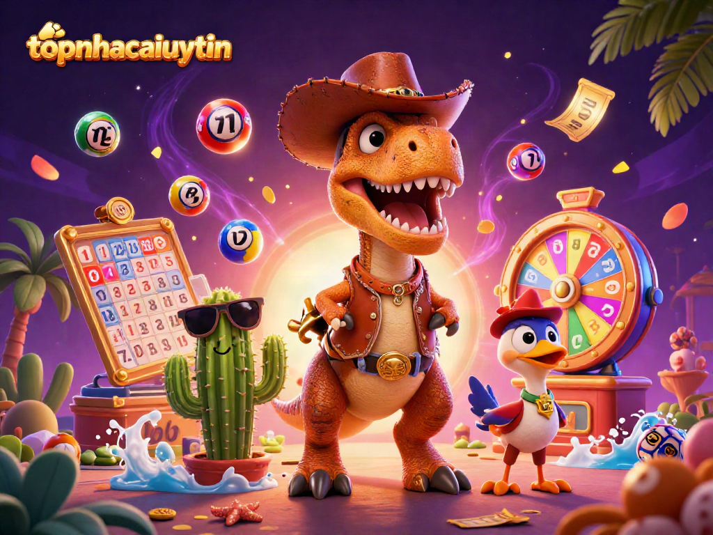 Engage in topnhacaiuytin's thrilling gambling adventures with a dynamic dinosaur and vibrant lotto elements.