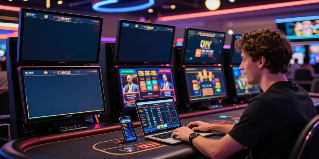 Excited player engaging with online sports betting at https://fabet.com.mx/ with vibrant digital interface.