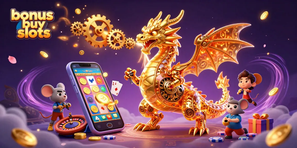 Experience the thrill of bonus buy slots with a gold dragon and an engineer amidst vibrant casino elements.