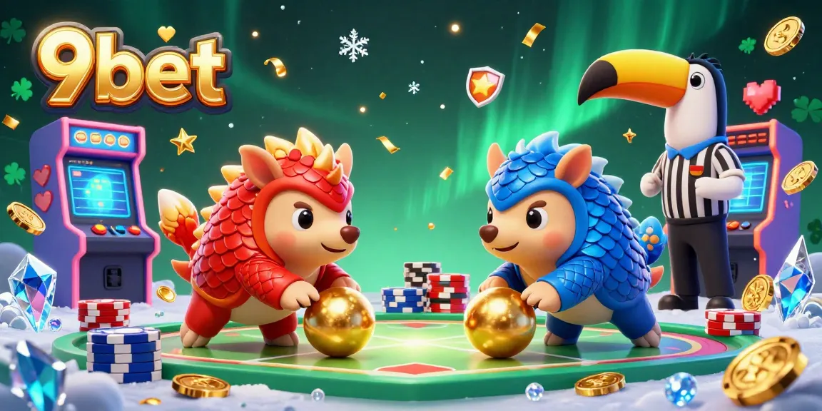 Experience the thrill of gaming at 9bet with rival pangolins bowling through chips in a vibrant casino scene.