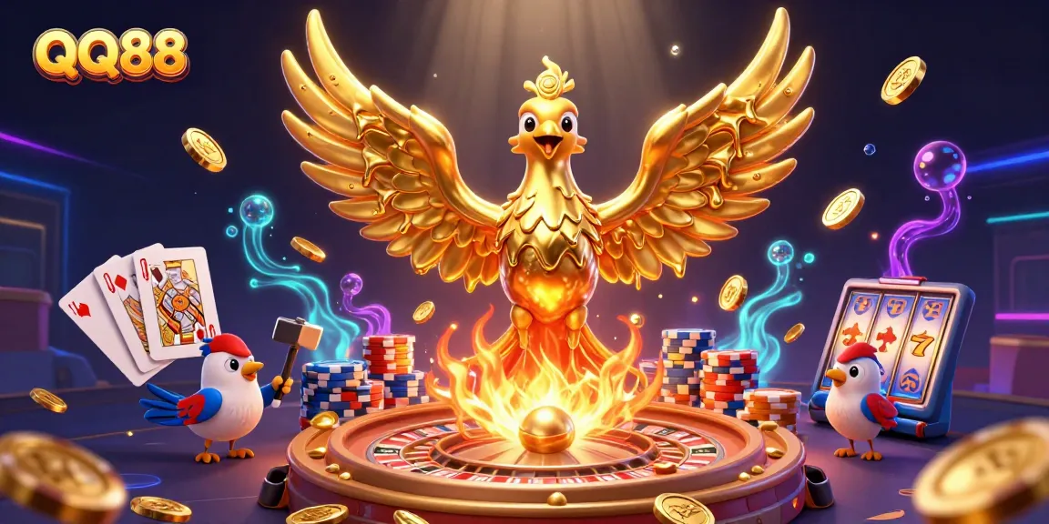 Experience exciting gaming opportunities at QQ88 with vibrant golden phoenix and casino elements.