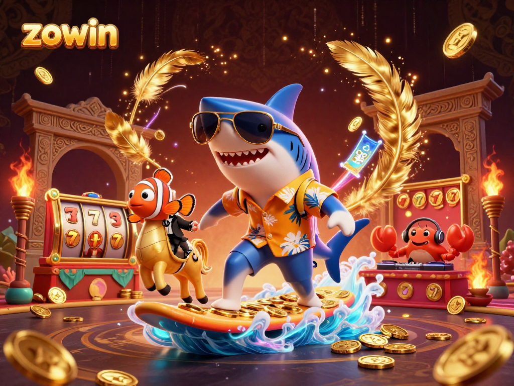 Zowin offers thrilling gaming with a playful shark surfing on gold coins amidst vibrant casino elements.