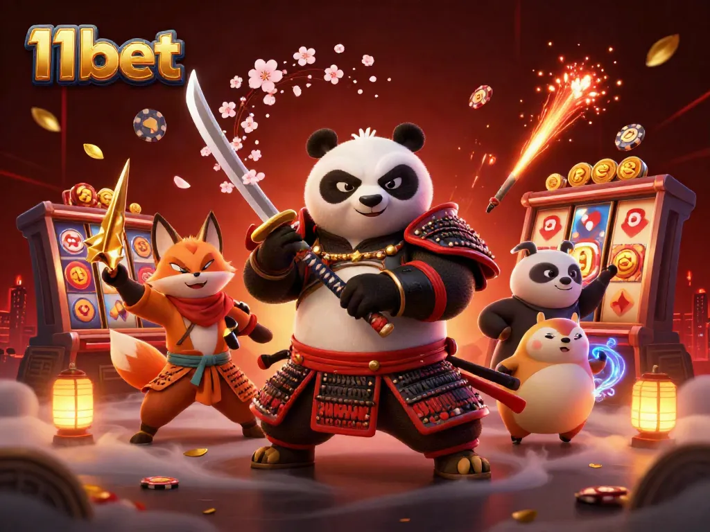 Experience baccarat excitement with vibrant 11bet samurai panda, ninja fox, and magical tanuki illustrating a lively casino scene.