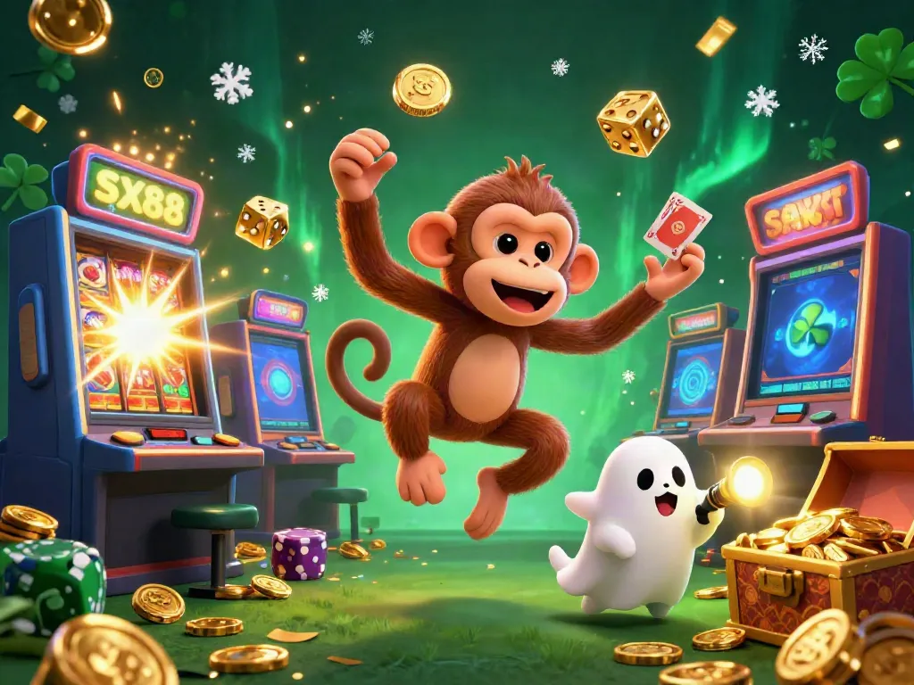 SX88 showcases a chaotic casino scene with a playful poltergeist monkey and a ghost-hunter puppy, embodying vibrant gambling energy.