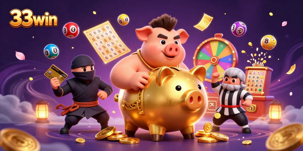 Engage with the thrilling world of 33win as a golden piggy bank sumo wrestler celebrates winning coins