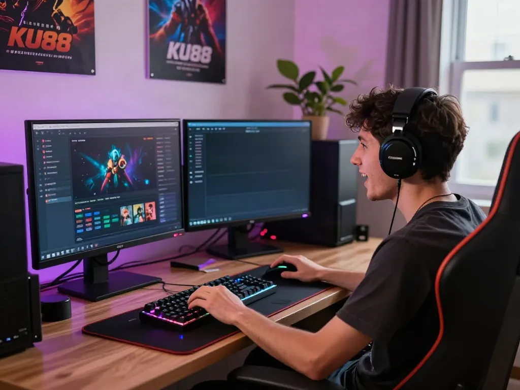 Engaged gamer enjoying the KU88 gaming experience with vibrant accessories.