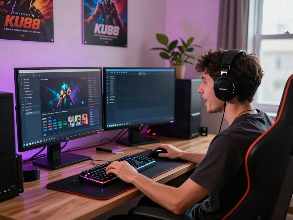 Engaged gamer enjoying the KU88 gaming experience with vibrant accessories.