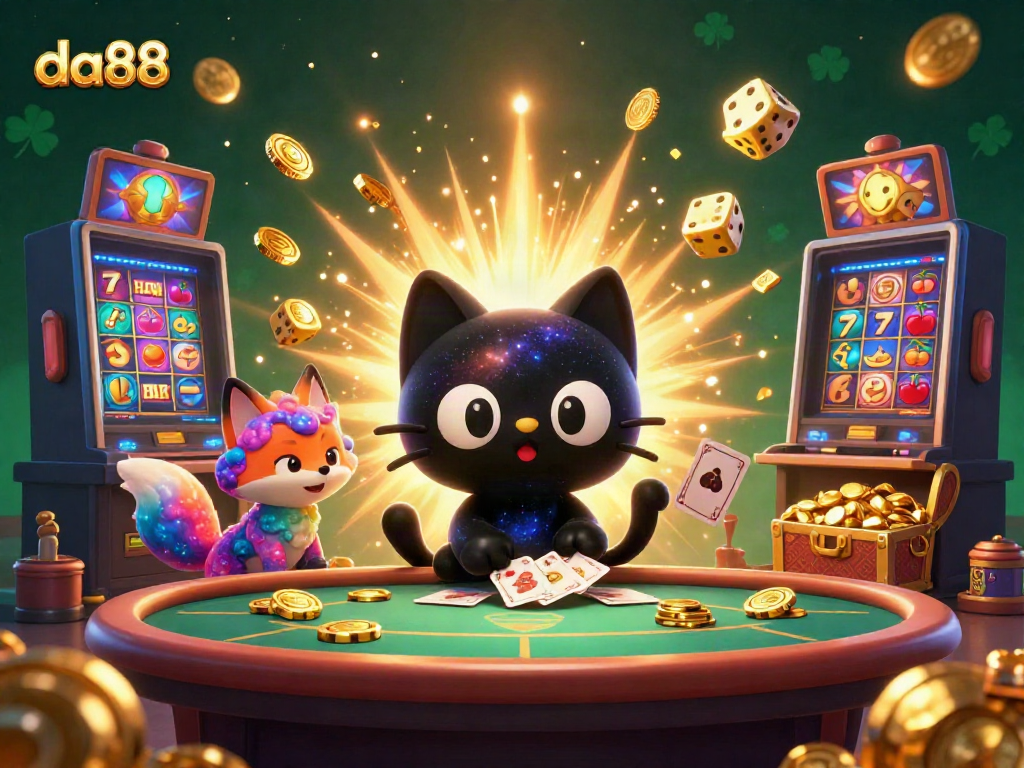 Experience the cosmic allure of da88 with a whimsical 3D cat and fox casino game scene.