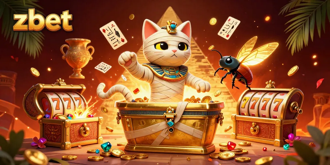 Join the excitement with zbet in a vibrant 3D casino scene featuring an Egyptian mummy cat.