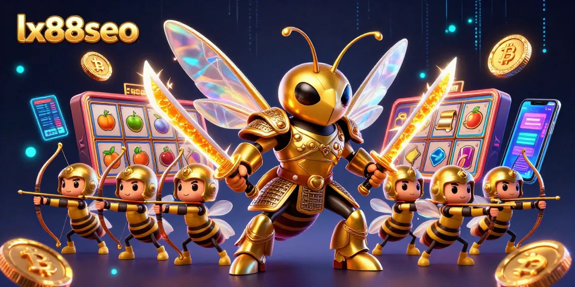 Engage in exciting gameplay at lx88seo with a vivid illustration of a golden hornet samurai surrounded by dynamic casino elements.