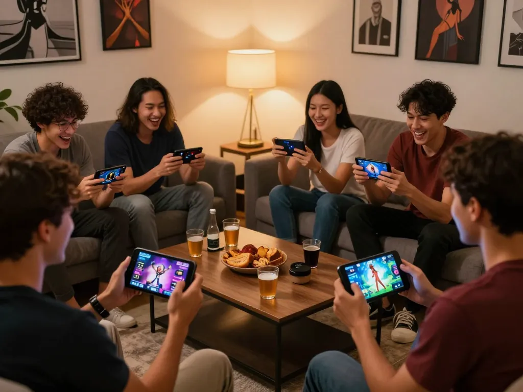 Engaging group playing mobile porn games in a cozy living room, showcasing laughter and immersive gameplay.