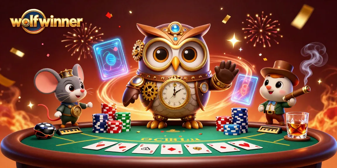 Engage in exciting poker action with the wolfwinner poker-themed illustration showcasing a steampunk owl.