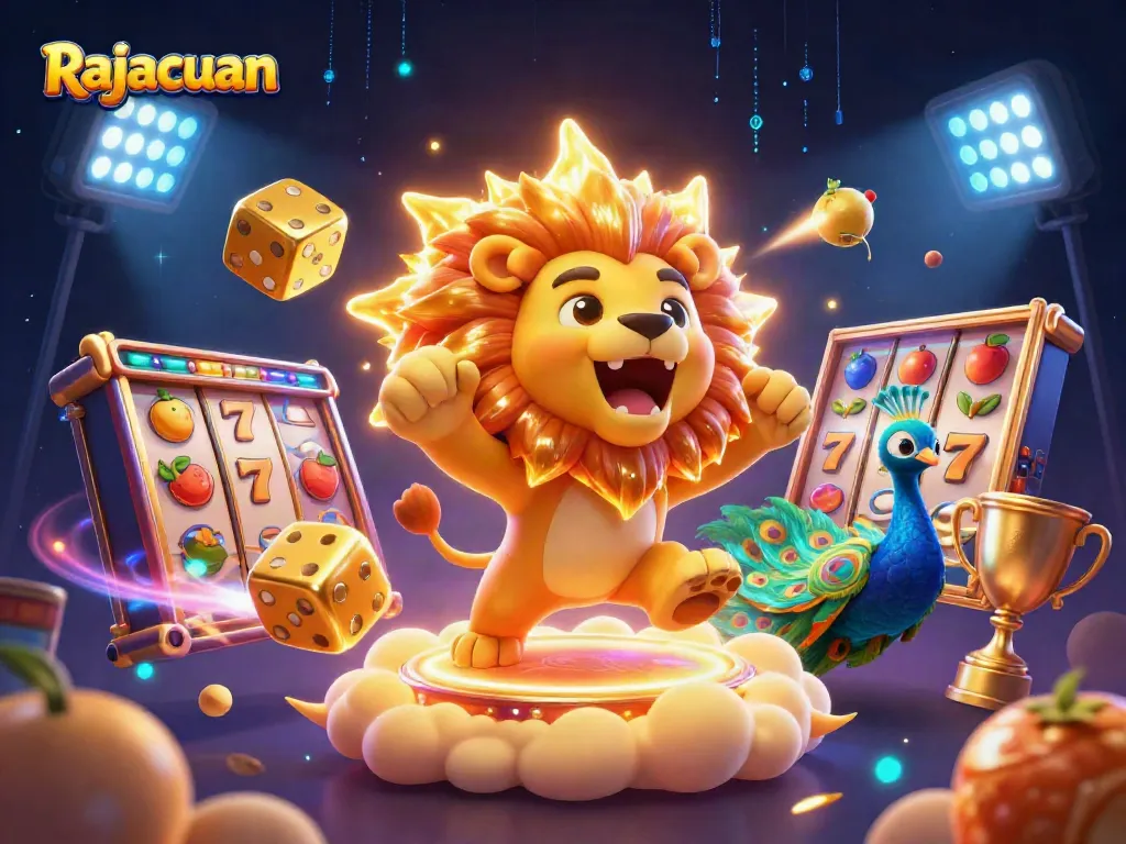 Rajacuan celebrates winnings with a triumphant sun lion amidst dynamic slot game elements and vibrant casino visuals.