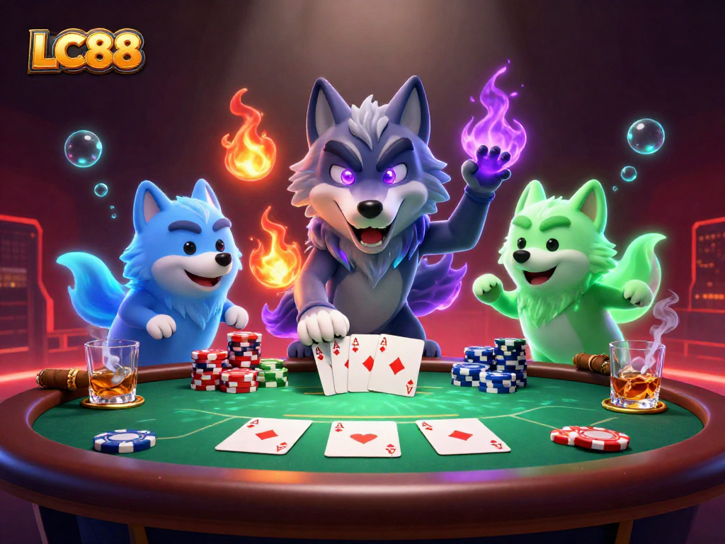 Engage with LC88's thrilling poker scene featuring a shadow wolf pack leader and vibrant casino elements.