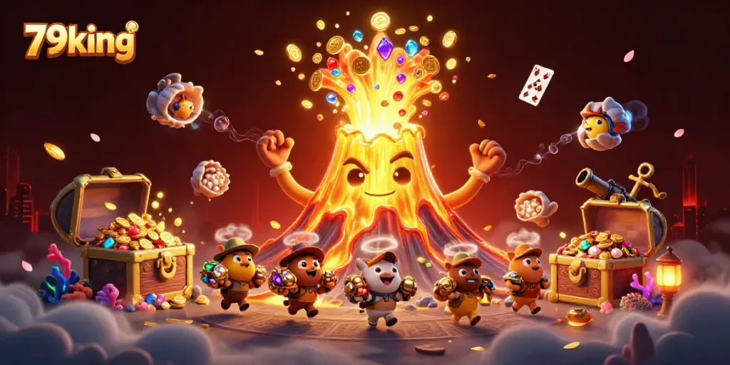 Engage with 79king's vibrant treasure-filled scene featuring a jubilant golden volcano and adventurous animals amidst coins and gems.