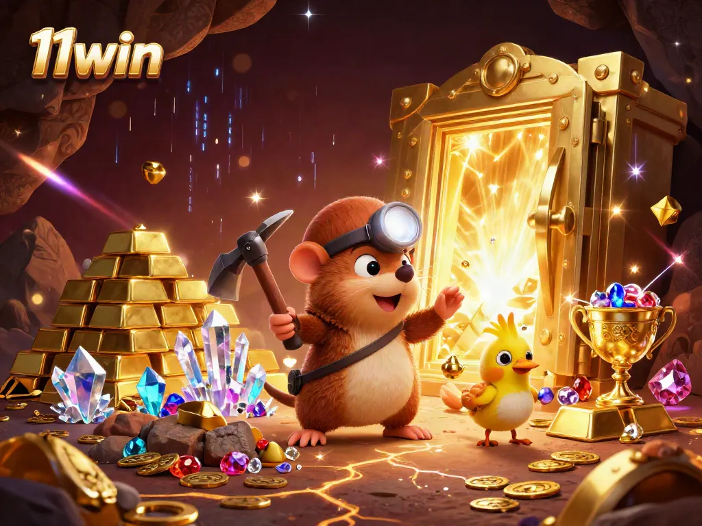 Engage in exciting gaming adventures with 11win, featuring a treasure hunter mole and vibrant gems.