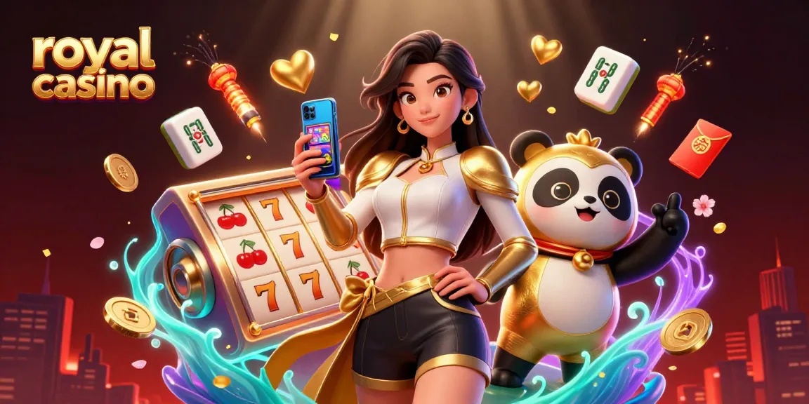 Engage in exciting gameplay at royal casino with a smartphone, golden panda, and festive elements.
