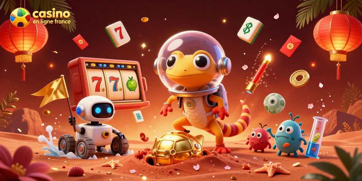 Découvrez un casino en ligne France où un gecko martien et un robot explorent un casino doré.