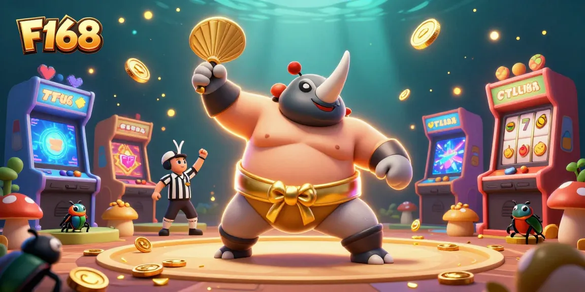Win big with F168 as the sumo beetle stomps to unleash coins in a vibrant casino scene.