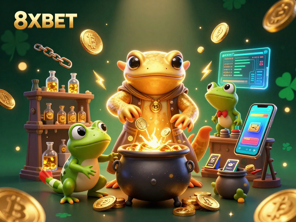 Experience thrilling gameplay at 8XBET with vibrant casino-inspired 3D illustration.