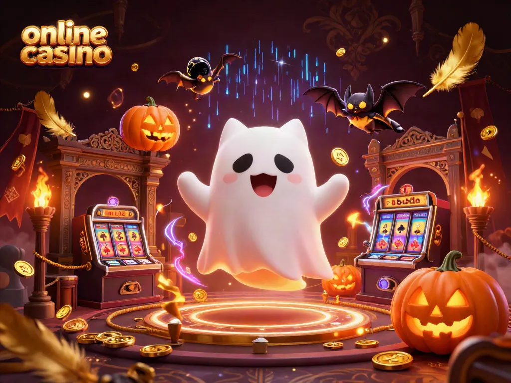 Disfruta de un emocionante casino online con un gato fantasma y elementos divertidos brillando.