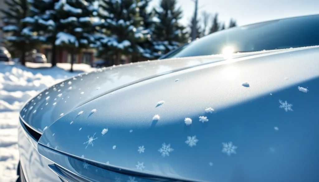 PPF winter road salt protection demonstrated on a car in a snowy environment with clear reflections and detail.