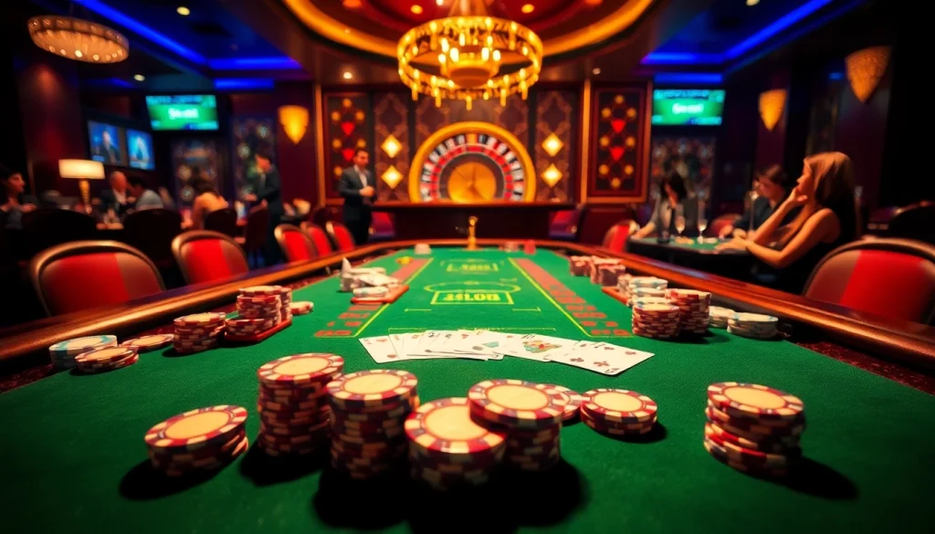 Experience thrilling moments at 68 game bài, showcasing high-energy casino gaming with vibrant poker tables and roulette.