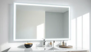 Bright LED mirror illuminating a modern bathroom setting with seamless design.