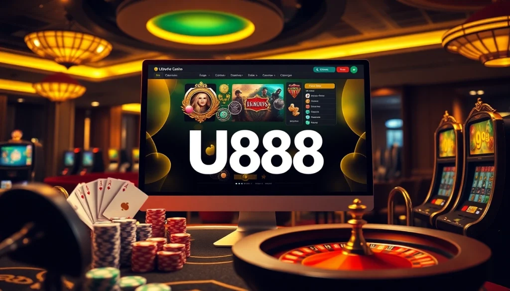Experience the thrill of winning at U888 with vibrant gaming elements and a luxurious backdrop.